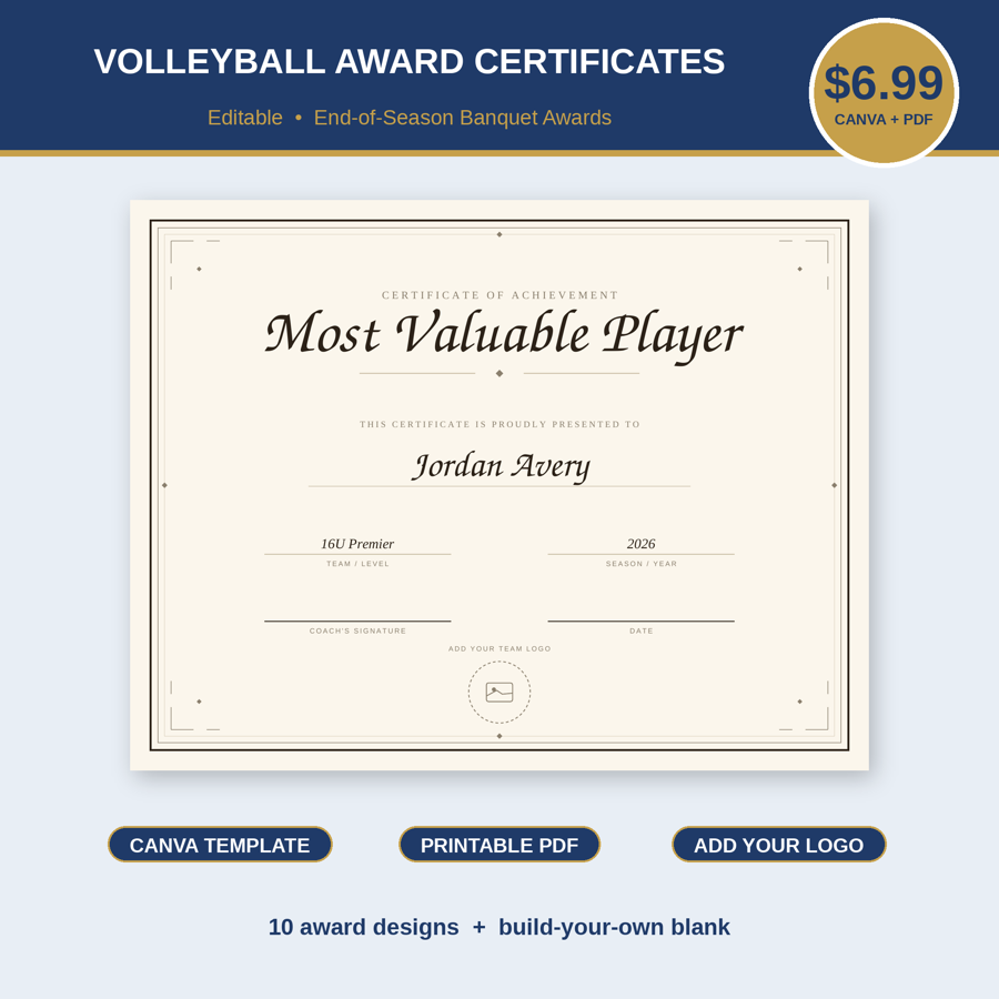 Volleyball award certificate templates from the Volleyball Factory Etsy shop